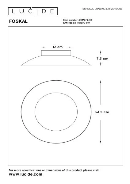 Lucide FOSKAL - Deckenleuchte - Ø 34,5 cm - LED - 1x12W 2700K - Schwarz - TECHNISCH